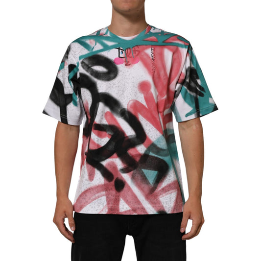 Dolce & Gabbana White Graffiti Crew Neck Short Sleeves T-shirt displayed on model, showcasing vibrant graffiti print for urban style.