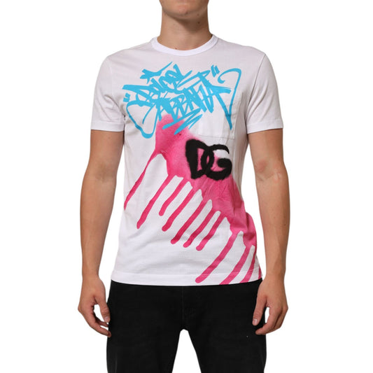 Dolce & Gabbana White Graphic Print Cotton Crew Neck T-shirt with bold front design, short sleeves, 100% cotton, and logo detailing.