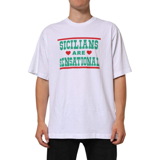 Dolce & Gabbana White Graphic Print Cotton CrewNeck T-shirt with 'Sicilians Are Sensational' slogan
