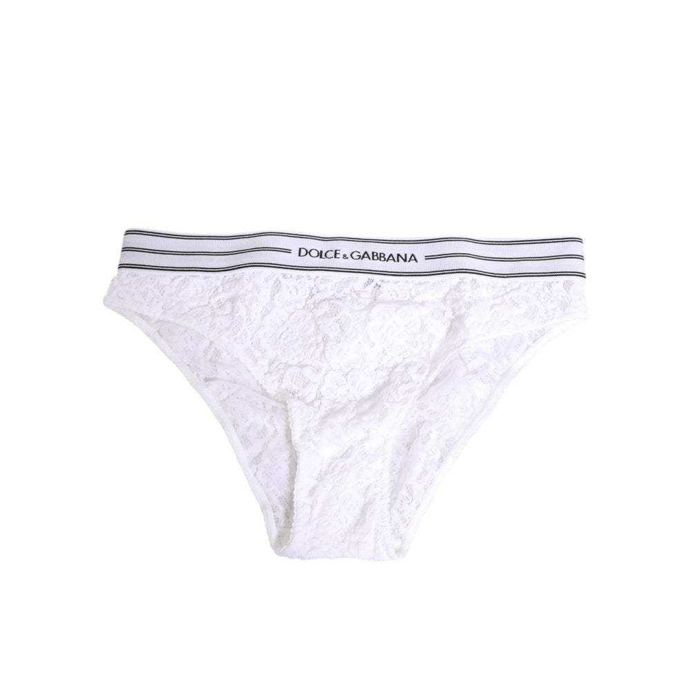 Dolce & Gabbana White Lace Slip Brief Logo Waistband Underwear with floral lace and logo, made in Italy, luxurious and elegant design.