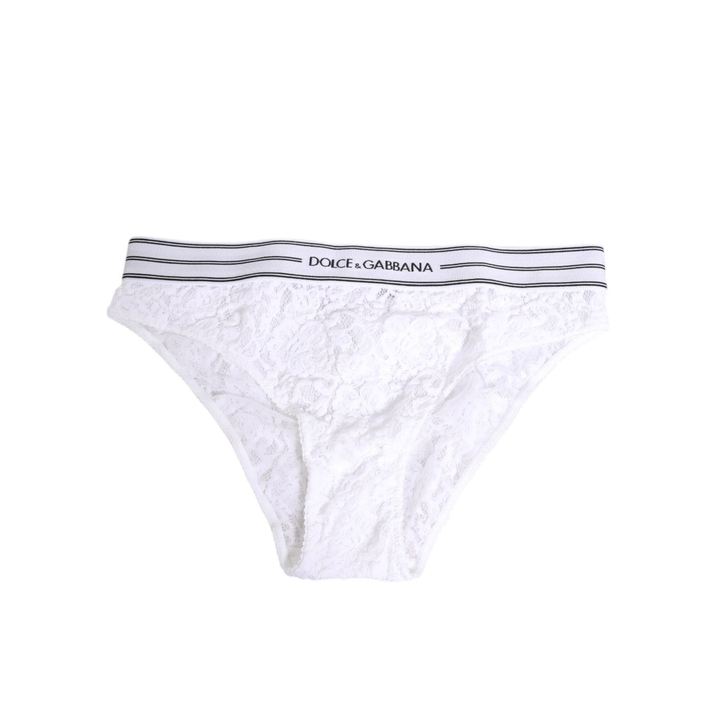 Dolce & Gabbana White Lace Slip Brief Logo Waistband Underwear, featuring floral lace and branded elastic band, made in Italy.