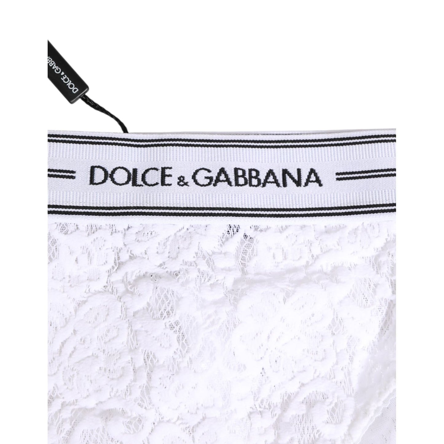 Dolce & Gabbana White Lace Slip Brief Logo Waistband Underwear with floral lace and elastic logo waistband.