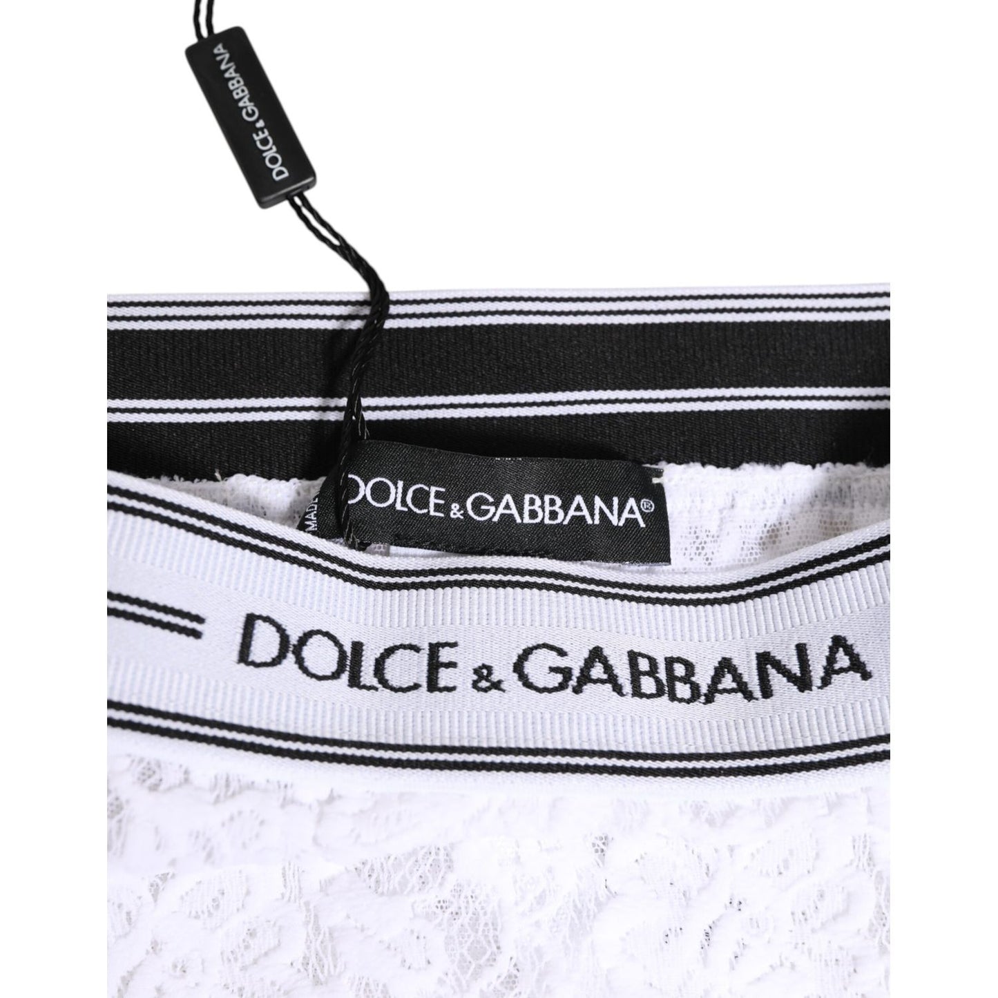 Dolce & Gabbana White Lace Slip Brief Logo Waistband Underwear detail with tag and branding.