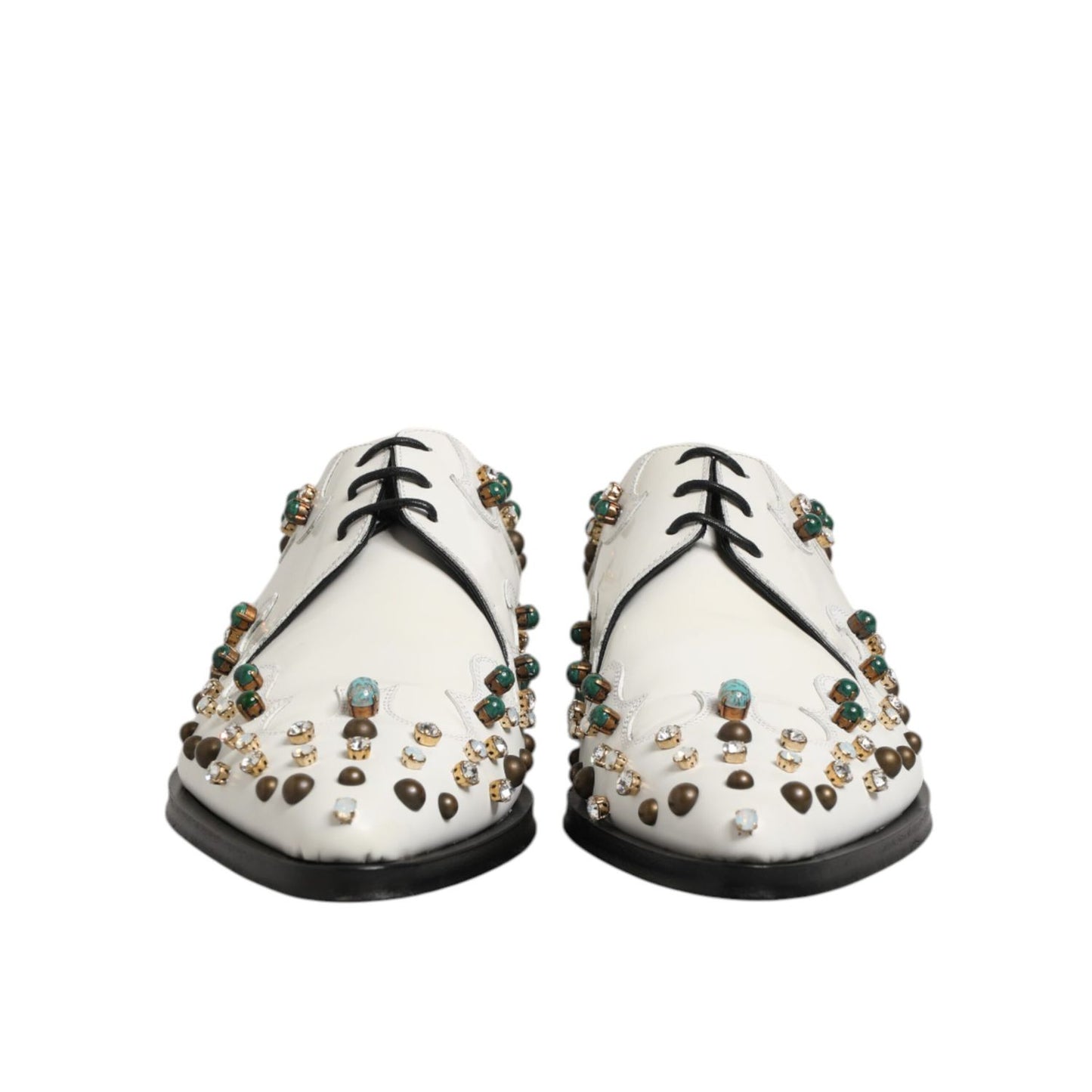 Dolce & Gabbana White Leather Crystals Embellished Derby Shoes
