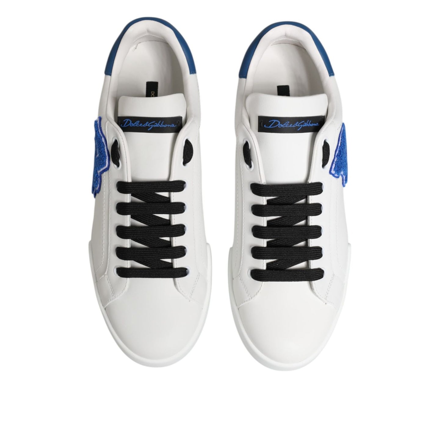 Dolce & Gabbana White Leather DG Logo Low Top Sneakers Shoes with blue details and black laces, top view.
