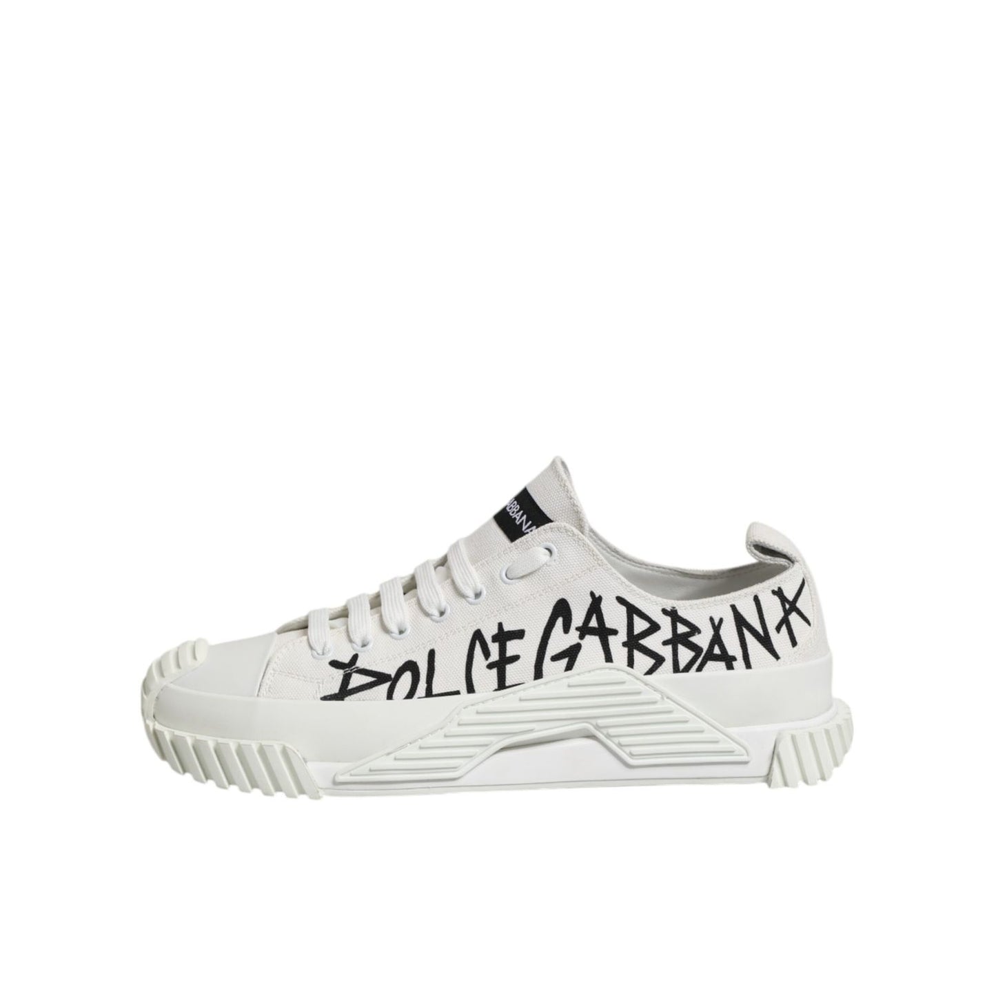 Dolce & Gabbana White Logo Graffiti Low Top Sneakers Shoes with black graffiti-style logo on white canvas and rubber sole.