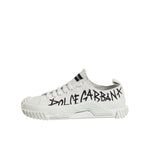 Dolce & Gabbana White Logo Graffiti Low Top Sneakers Shoes with black graffiti-style logo on white canvas and rubber sole.