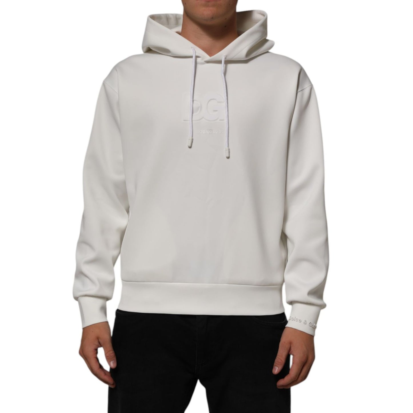 Dolce & Gabbana White Logo Hooded Men Sweatshirt Sweater, premium cotton, crisp white, iconic logo, luxury casual wear.