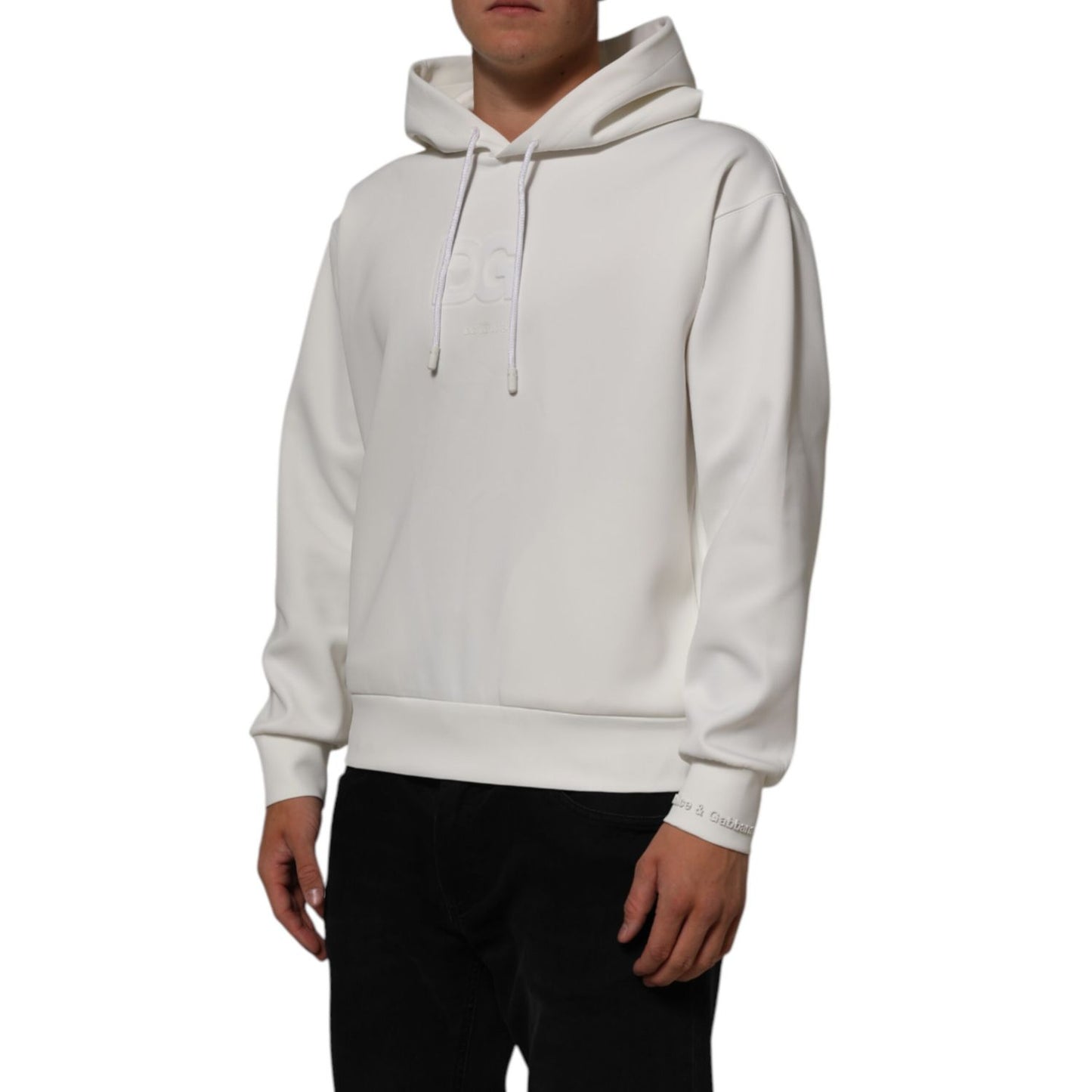 Dolce & Gabbana White Logo Hooded Men Sweatshirt Sweater, premium cotton, iconic design, luxury casual wear.