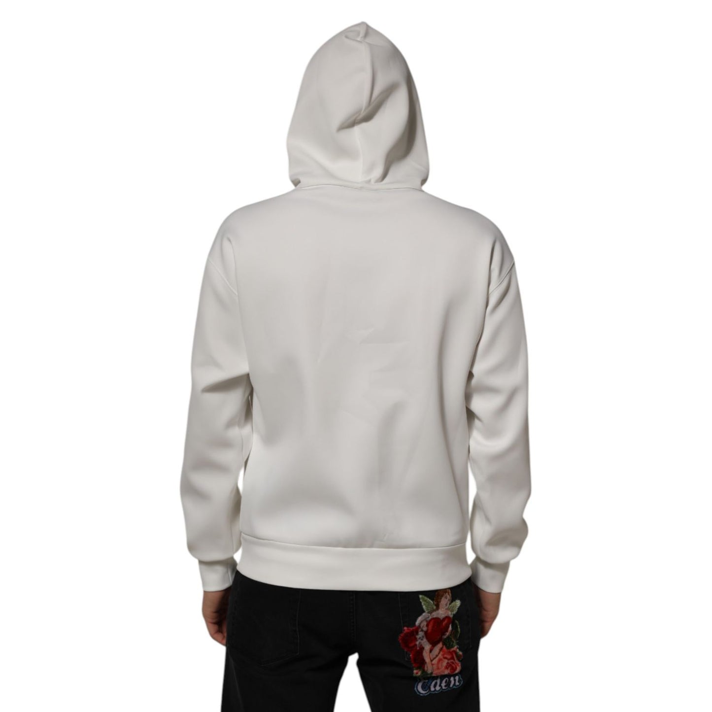 Back view of Dolce & Gabbana White Logo Hooded Men Sweatshirt Sweater