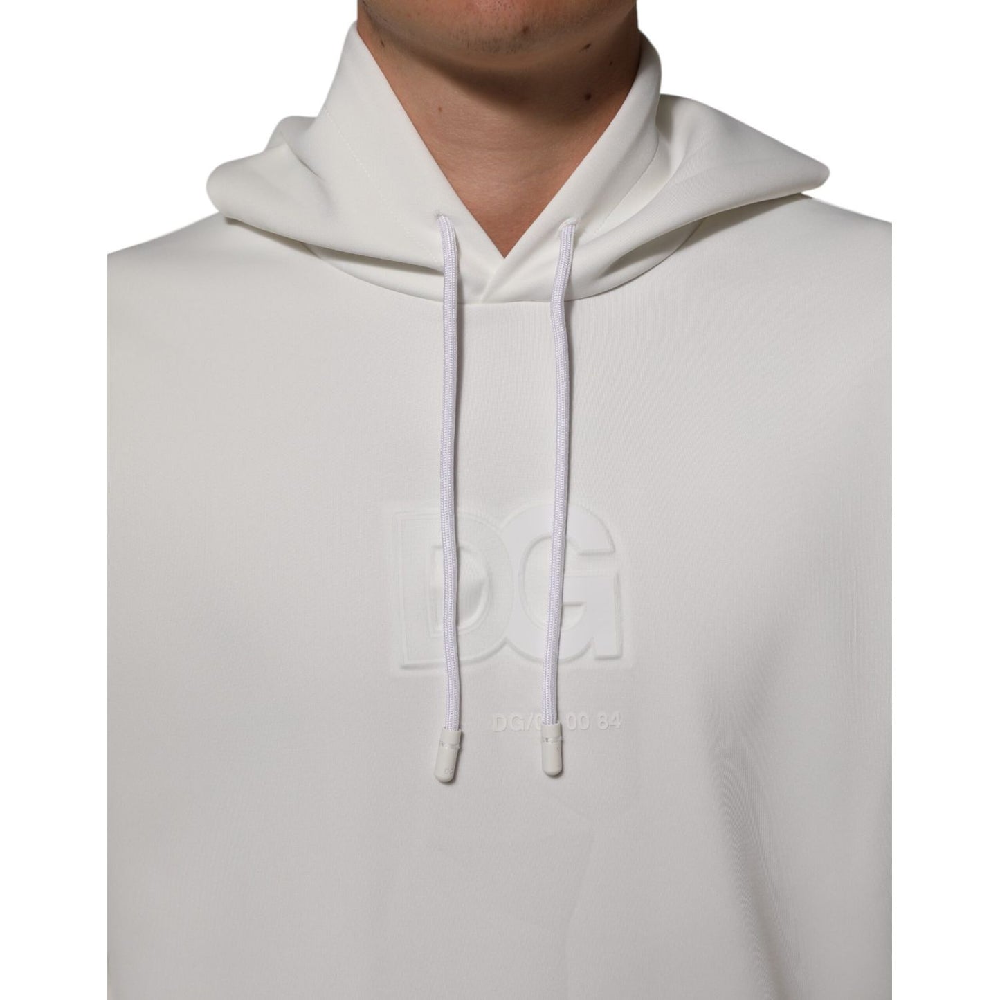 Dolce & Gabbana White Logo Hooded Men Sweatshirt Sweater in premium cotton with iconic logo detail and classic hooded design.