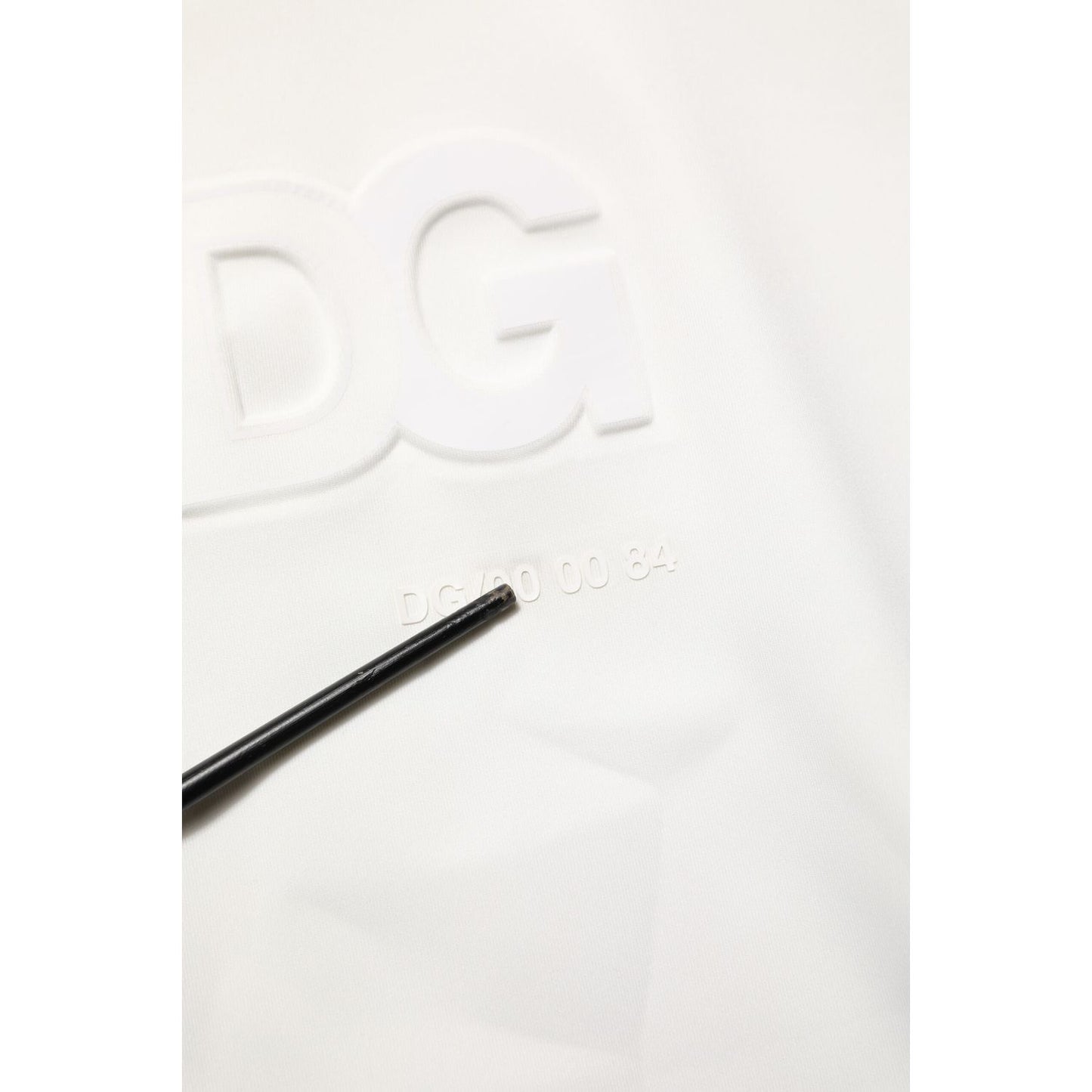 Close-up of the Dolce & Gabbana White Logo Hooded Men Sweatshirt Sweater with a focus on embossed logo detailing on white fabric.