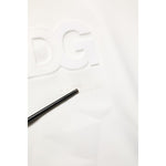 Close-up of the Dolce & Gabbana White Logo Hooded Men Sweatshirt Sweater with a focus on embossed logo detailing on white fabric.
