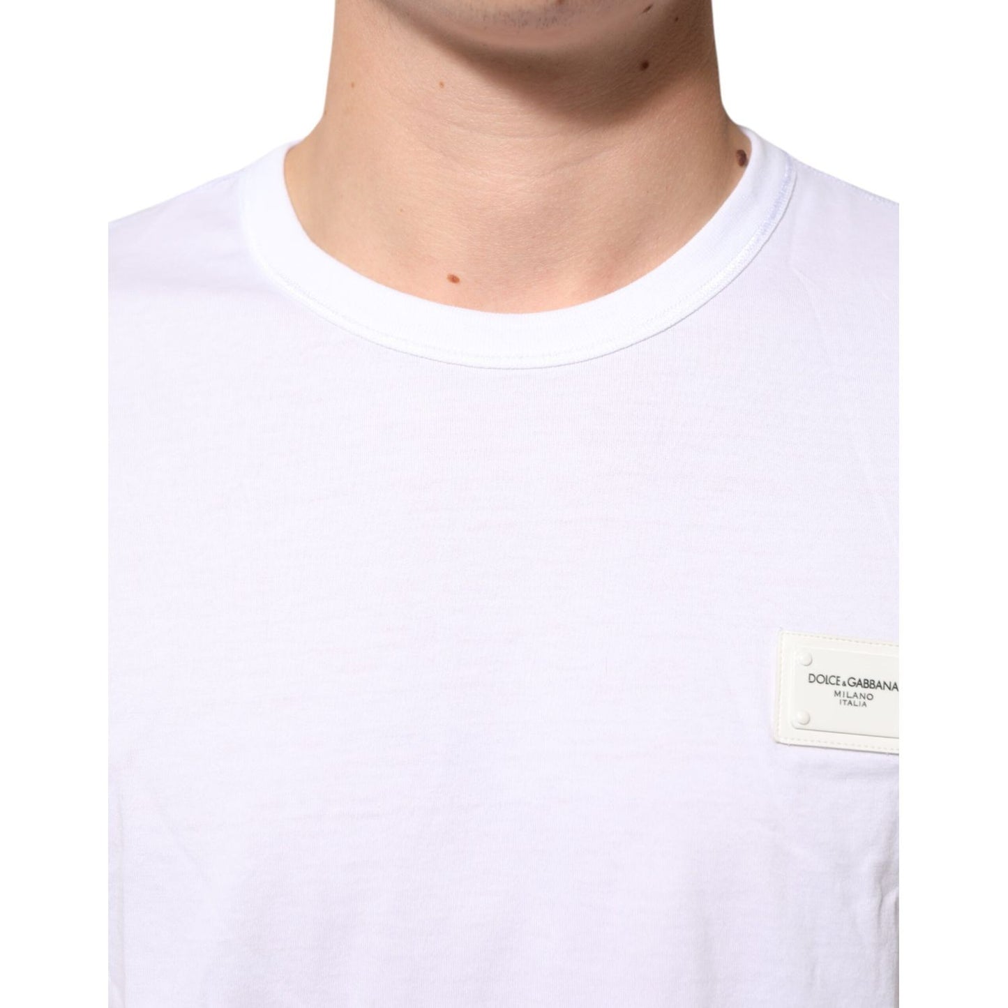 Dolce & Gabbana White Logo Plaque Cotton Crew Neck T-shirt