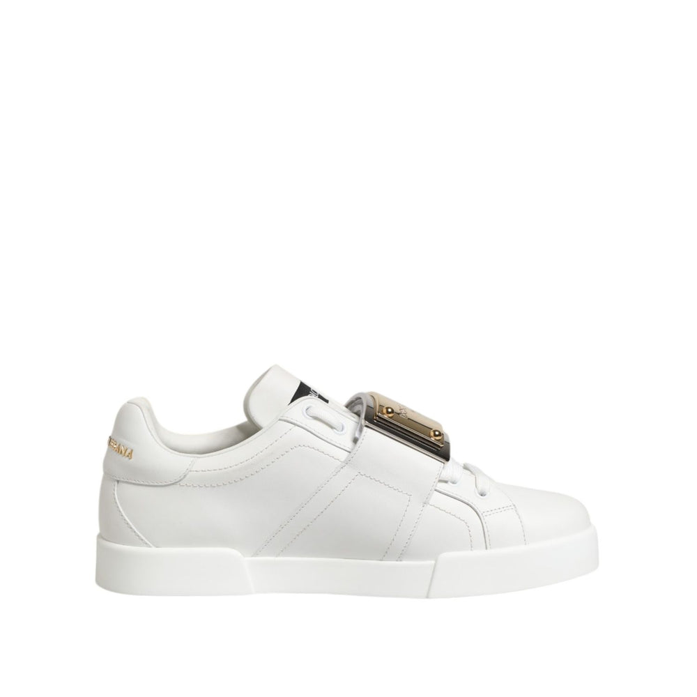 Dolce & Gabbana White Logo Plaque Low Top Men Sneakers Shoes in calf leather with rubber sole, lace up closure, and logo details.