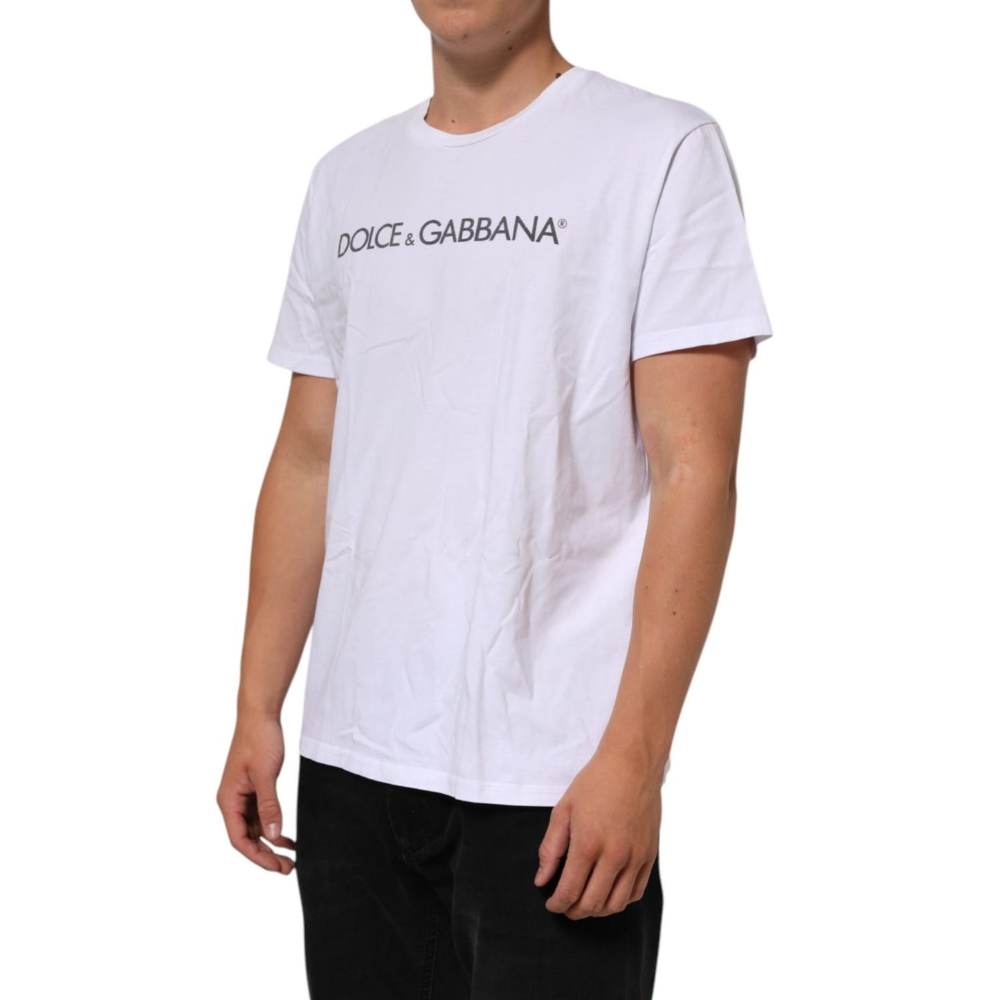 Dolce & Gabbana White Logo Print Cotton Crew Neck T-shirt