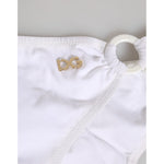 Close-up of Dolce & Gabbana White Logo Swimsuit 2 Piece Top Bottom Swimwear with logo detail on white fabric.