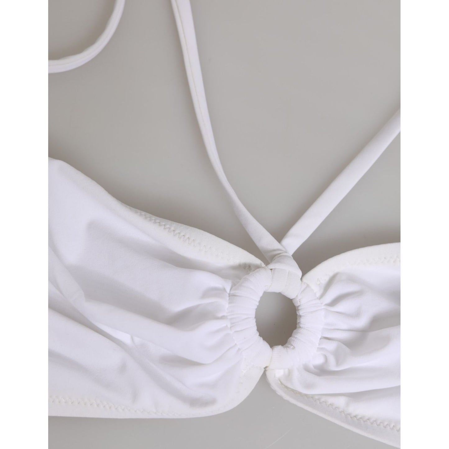 Dolce & Gabbana White Logo Swimsuit 2 Piece Top Bottom Swimwear close-up of bikini top with logo detail.