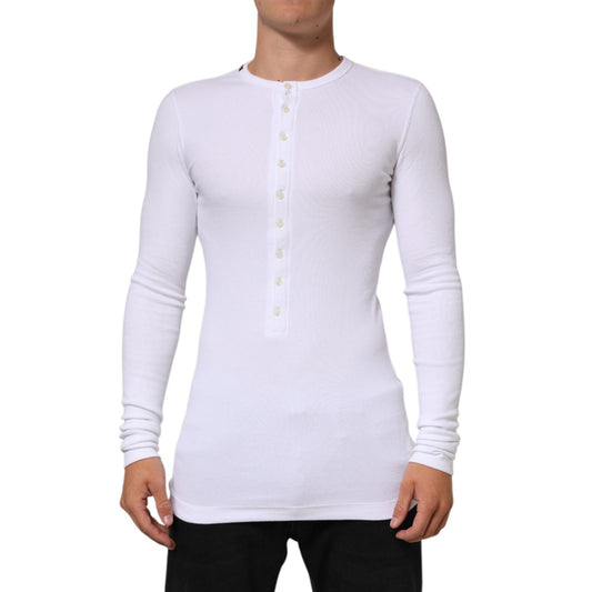 Dolce & Gabbana White Long Sleeves Button Closure T-shirt modeled, featuring soft cotton material and button-up neckline.