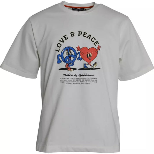 Dolce & Gabbana White Love & Peace Cotton Round Neck T-shirt with logo and graphic print on front, minor marks visible on front.