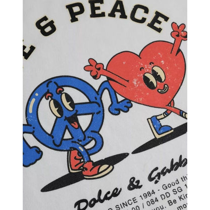 Close-up of Dolce & Gabbana White Love & Peace Cotton Round Neck T-shirt with heart and peace symbol print.