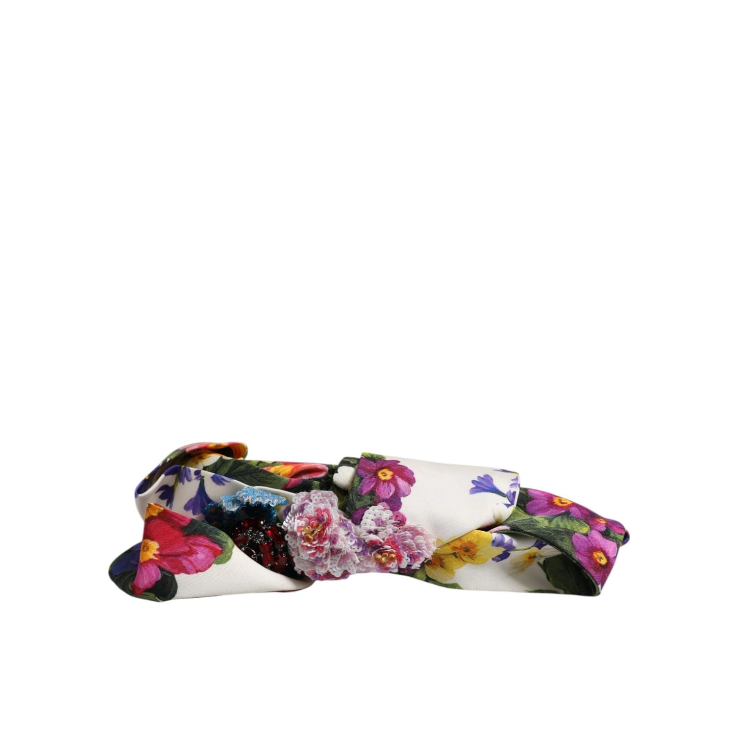 Dolce & Gabbana White Multicolor Floral Silk Bow Crystal Embellished Headband