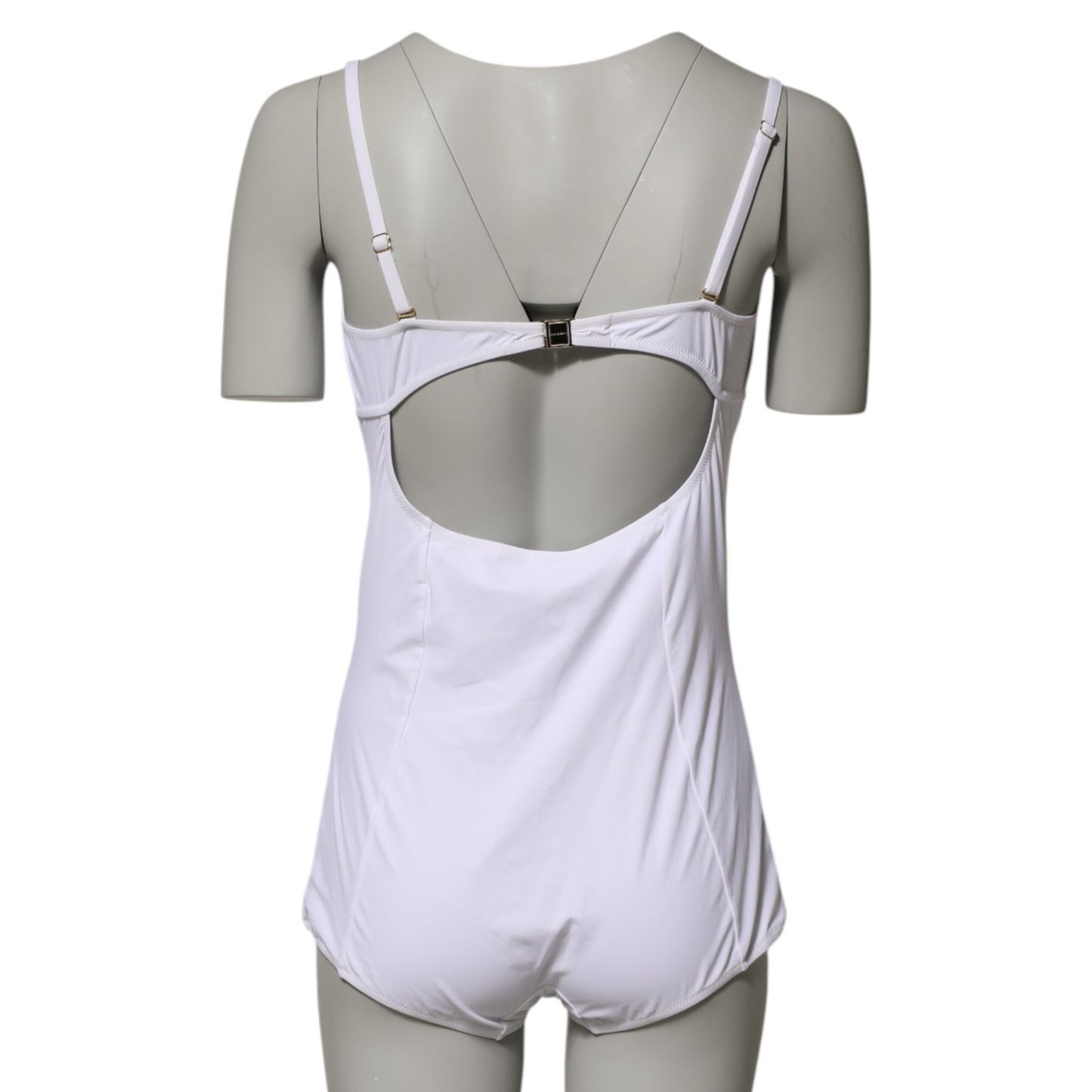 Back view of Dolce & Gabbana White Padded Balconette One Piece Swimwear with adjustable straps and open back design.