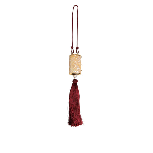 Dolce & Gabbana White Pearl Resin Gold Metal Red Tassel Pendant Bag, luxury accessory with mirror tassel charm.