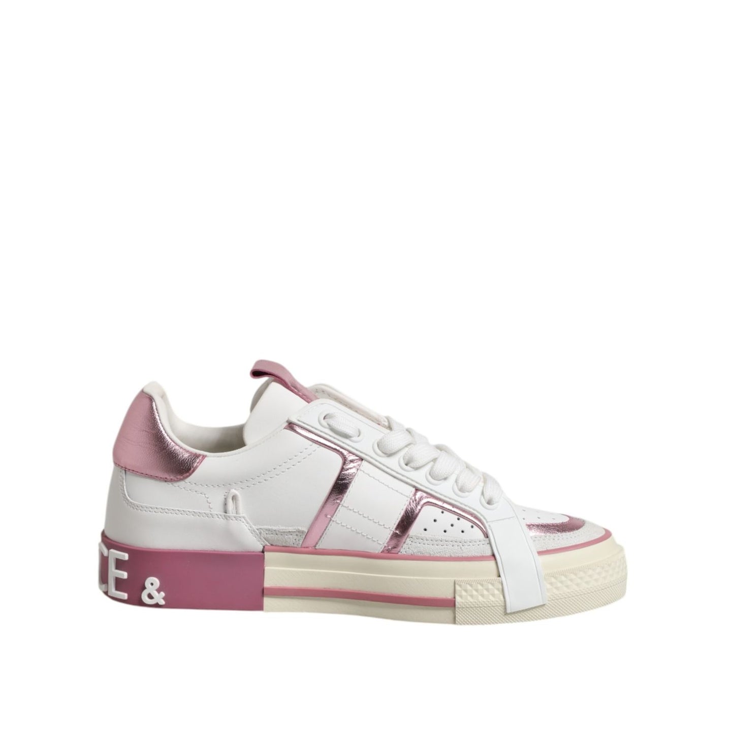 Dolce & Gabbana White Pink Leather Low Top Sneakers Shoes