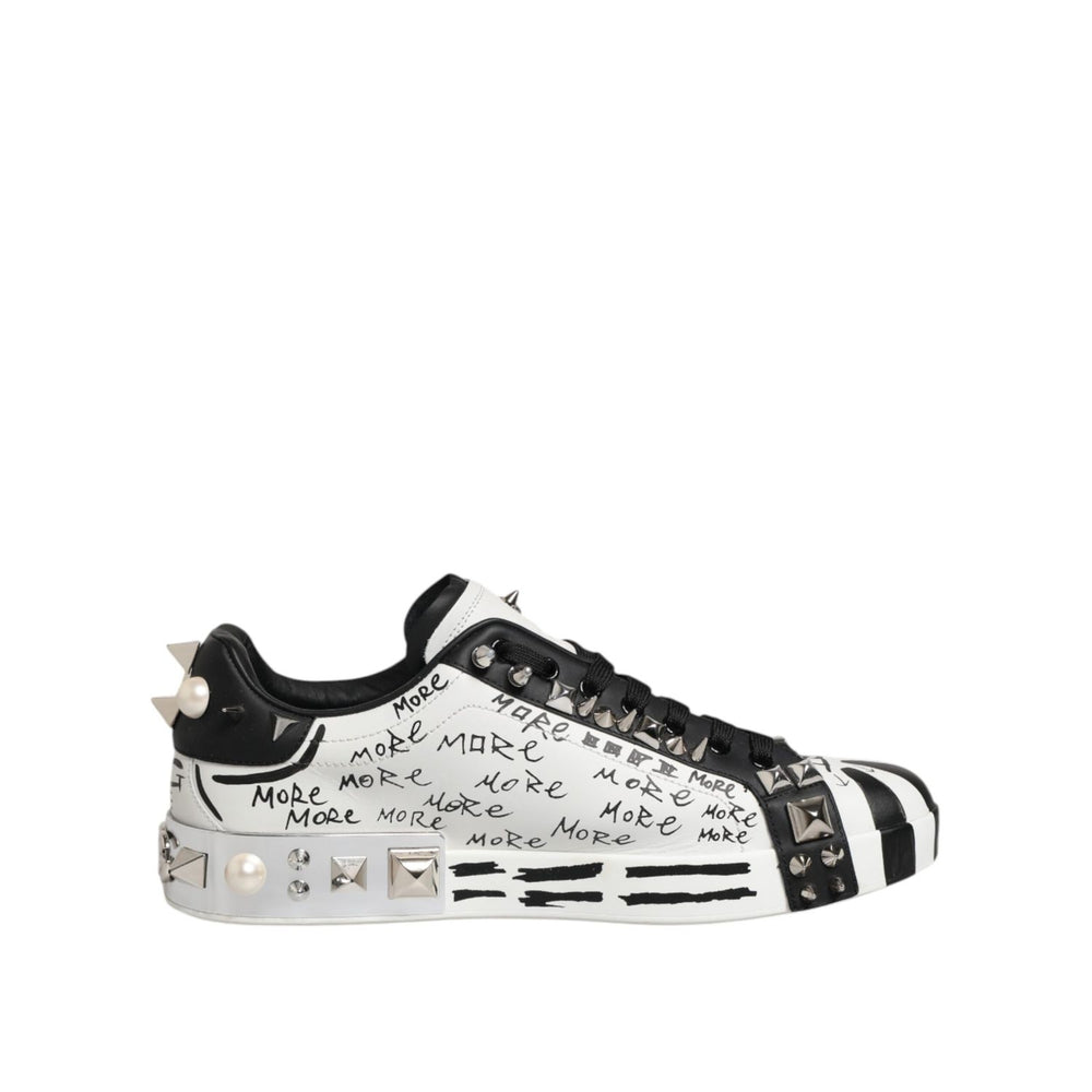 Dolce & Gabbana White Portofino Studded Men Sneakers Shoes with black and white graffiti design and metallic studs.