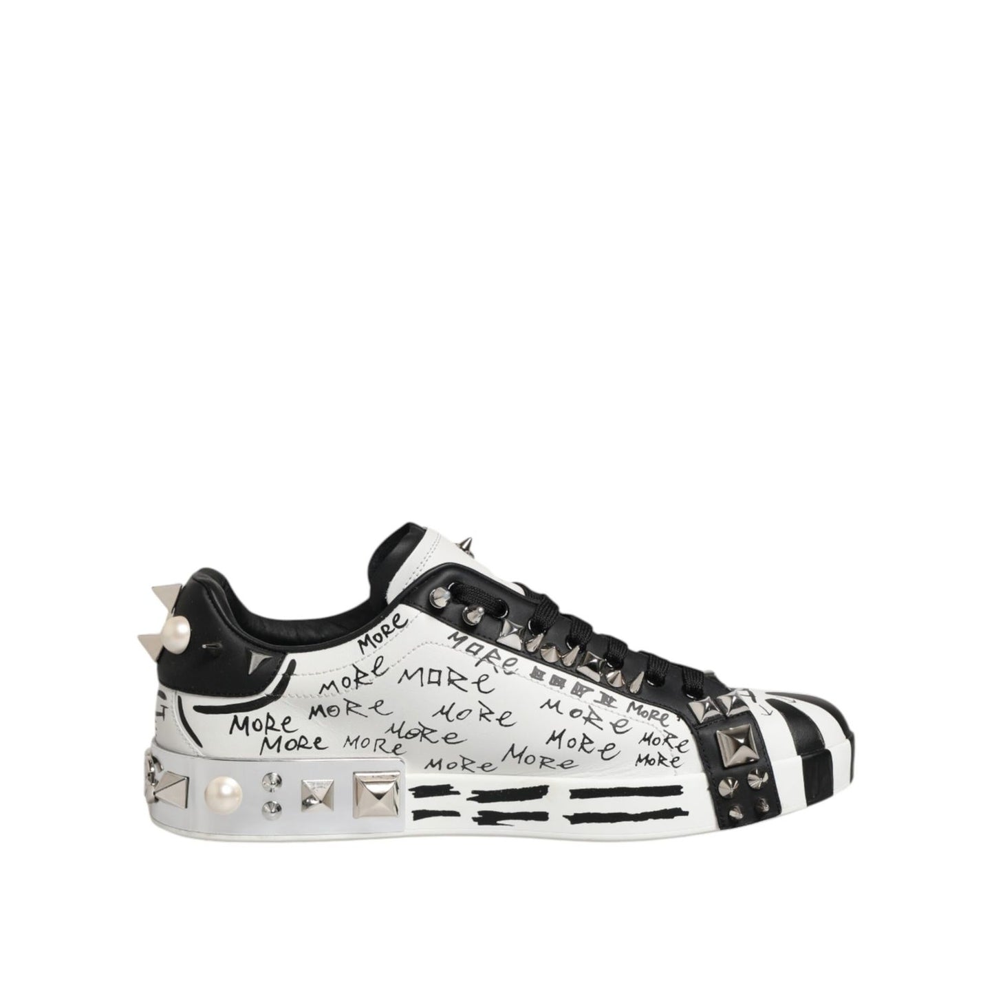 Dolce & Gabbana White Portofino Studded Men Sneakers Shoes with black and white graffiti design and metallic studs.