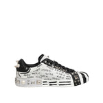 Dolce & Gabbana White Portofino Studded Men Sneakers Shoes with black and white graffiti design and metallic studs.