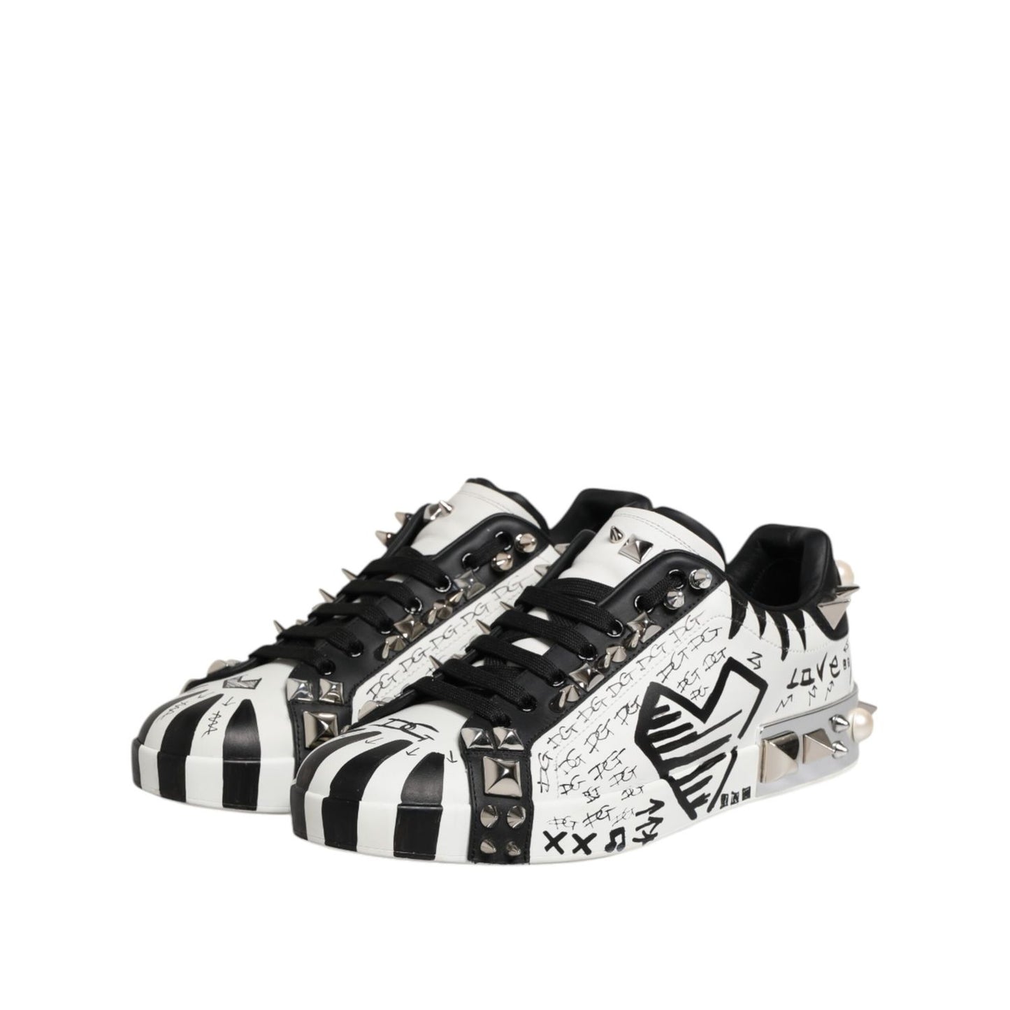 Dolce & Gabbana White Portofino Studded Men Sneakers Shoes with black graphics and studded embellishments displayed on white surface
