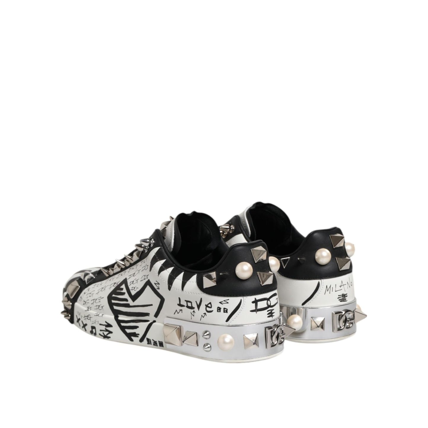 Dolce & Gabbana White Portofino Studded Men Sneakers Shoes in white leather with studded embellishments, rear view.