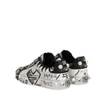 Dolce & Gabbana White Portofino Studded Men Sneakers Shoes in white leather with studded embellishments, rear view.