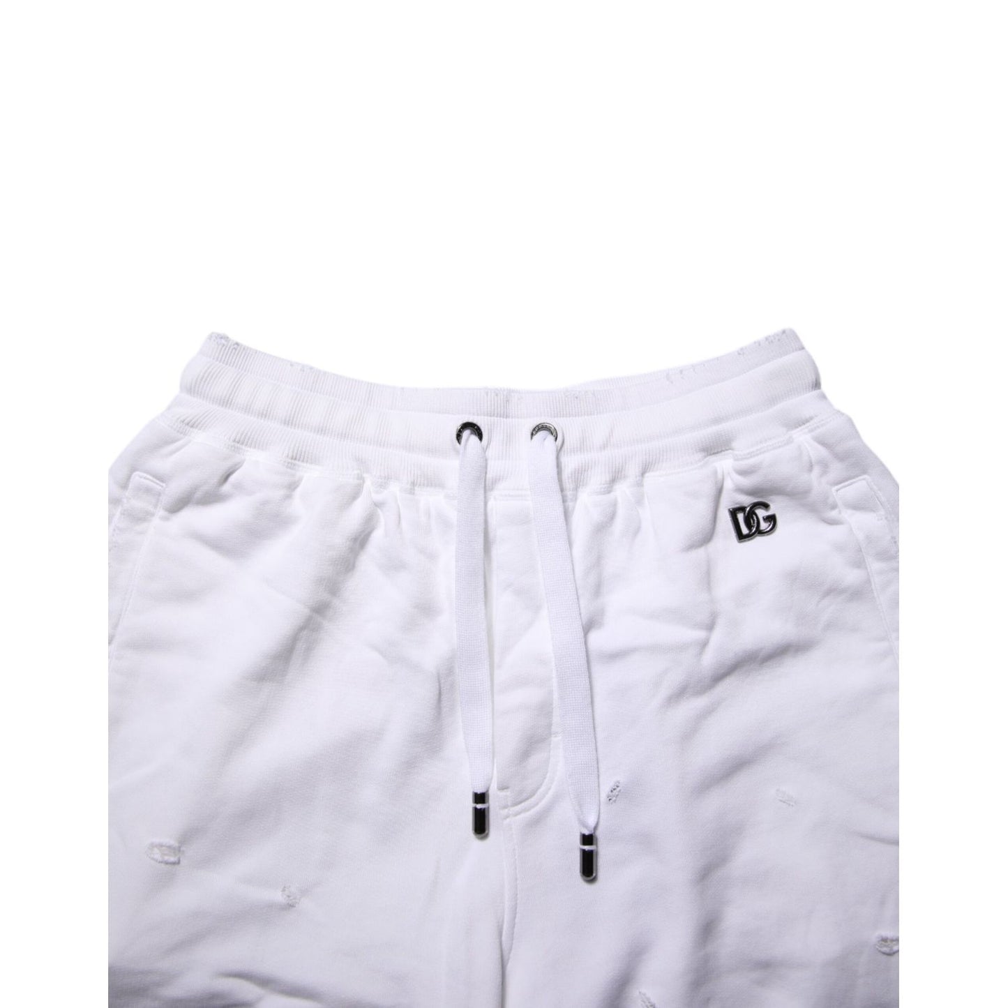 Dolce & Gabbana White Ripped Mid Waist Casual Bermuda Short with drawstring detail