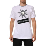 Dolce & Gabbana White Sacred Heart Short Sleeve Men T-shirt with crew neckline, featuring striking front graphic and logo, worn by model.