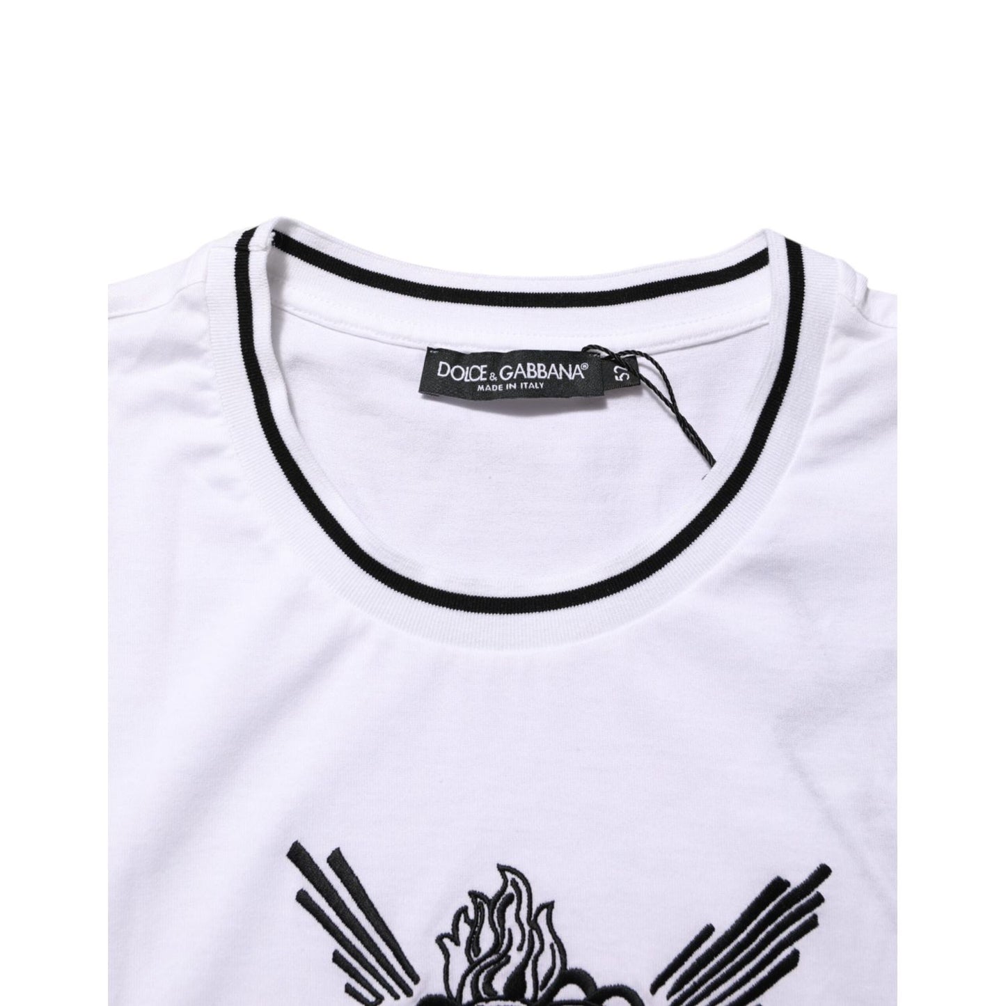 Dolce & Gabbana White Sacred Heart Short Sleeve Men T-shirt, premium cotton crew neck, featuring graphic design detail.