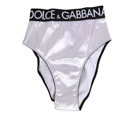 Dolce & Gabbana White Satin High-Waist Black Logo Women Underwear with elastic waistband and sleek satin finish.