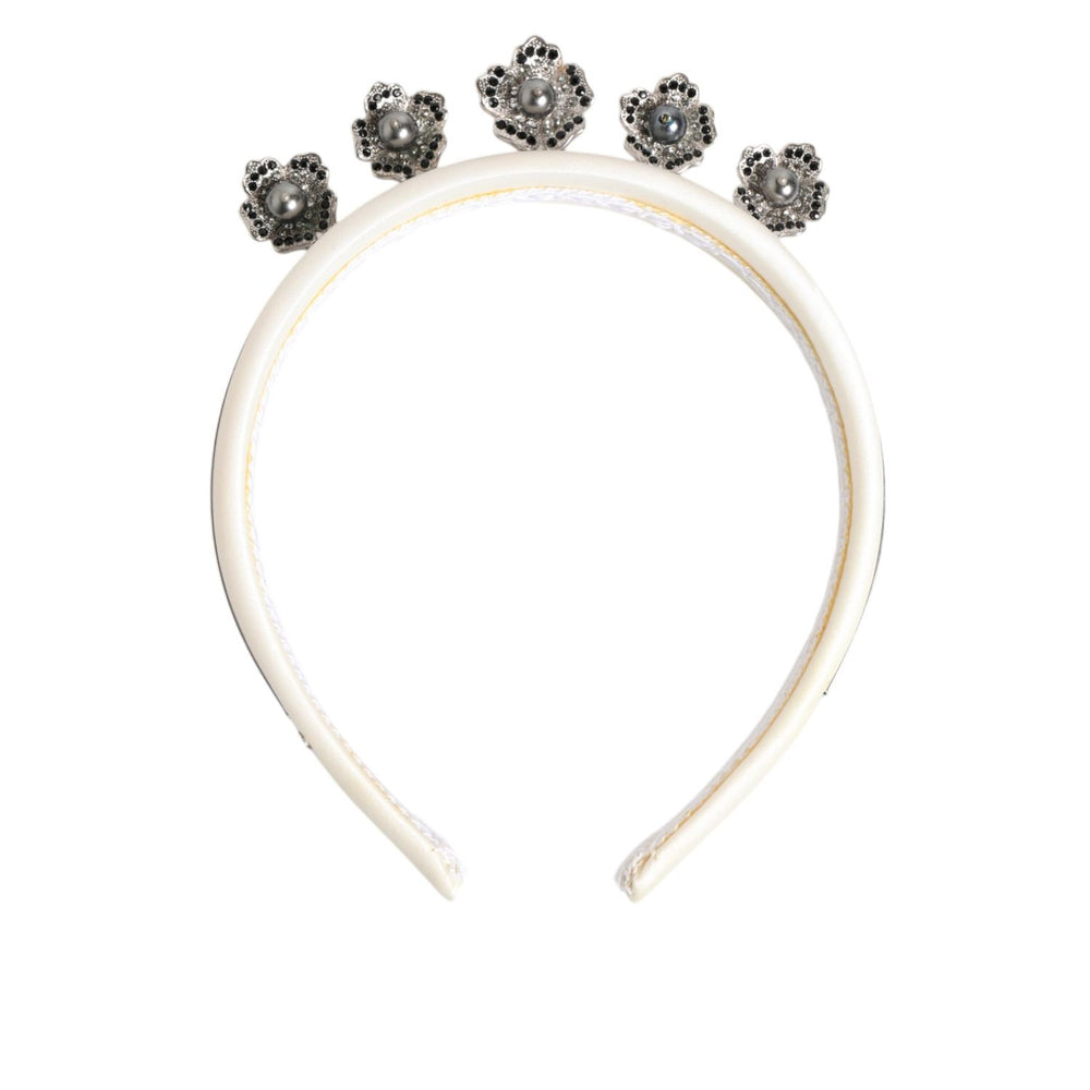 Dolce & Gabbana White Satin Palladium Silver Floral Crown Tiara Headband