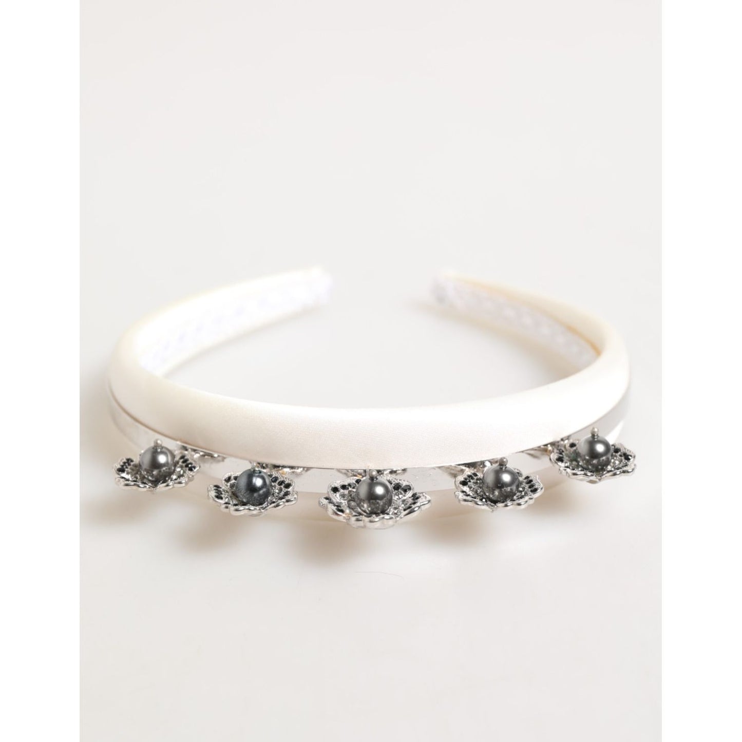 Dolce & Gabbana White Satin Palladium Silver Floral Crown Tiara Headband