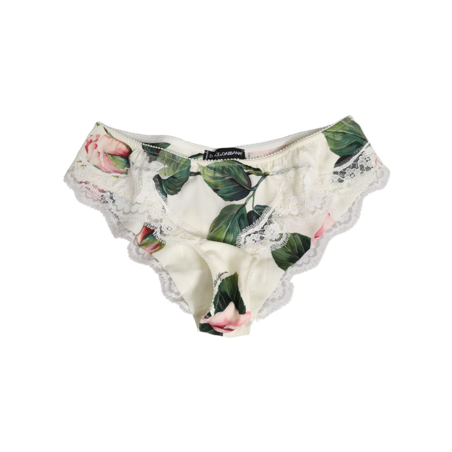 Dolce & Gabbana White Silk Satin Floral Lace Trim Slip Underwear with tropical rose print, elegant and feminine design.