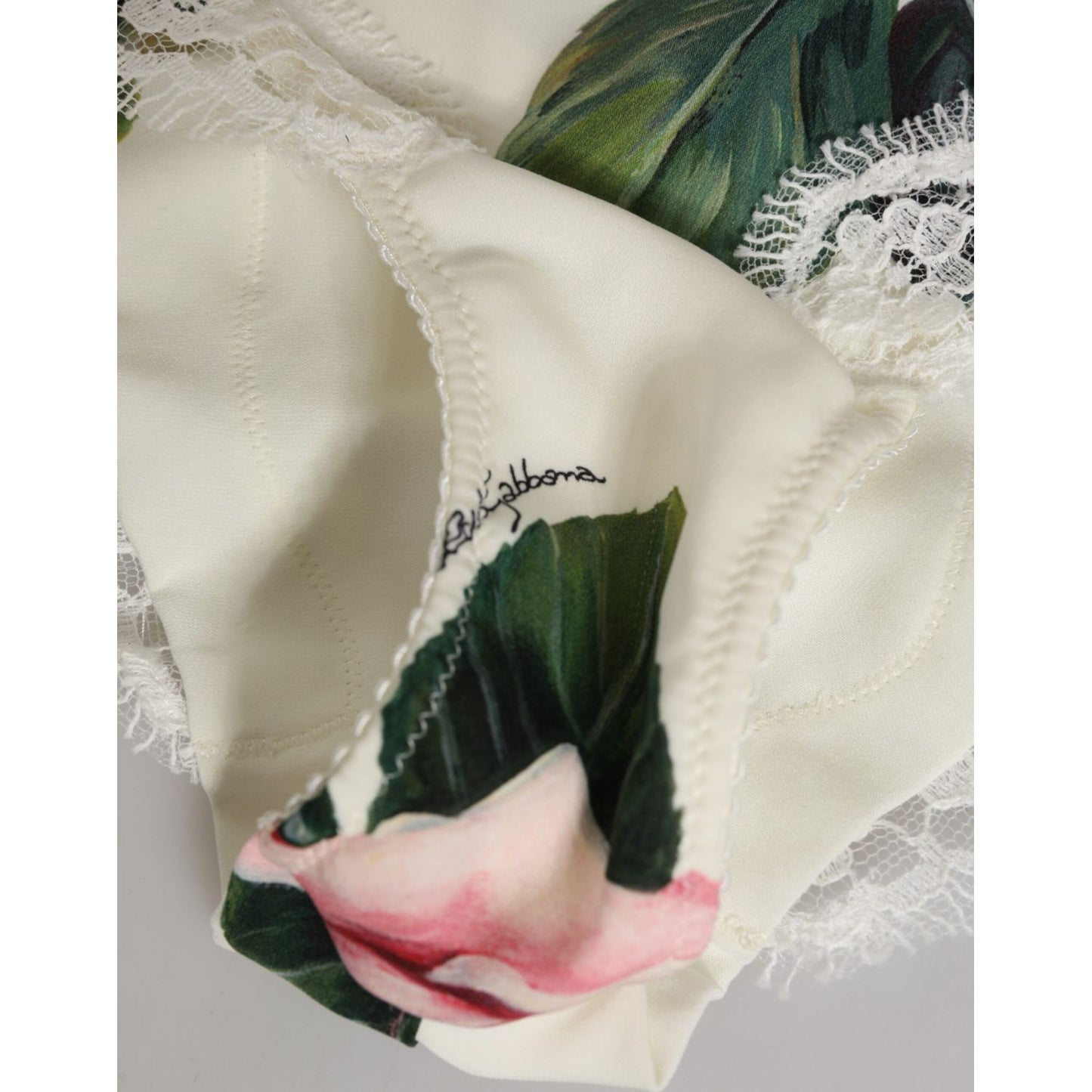 Dolce & Gabbana White Silk Satin Floral Lace Trim Slip Underwear with tropical rose print and lace detail.