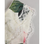Dolce & Gabbana White Silk Satin Floral Lace Trim Slip Underwear with tropical rose print and delicate lace detail.