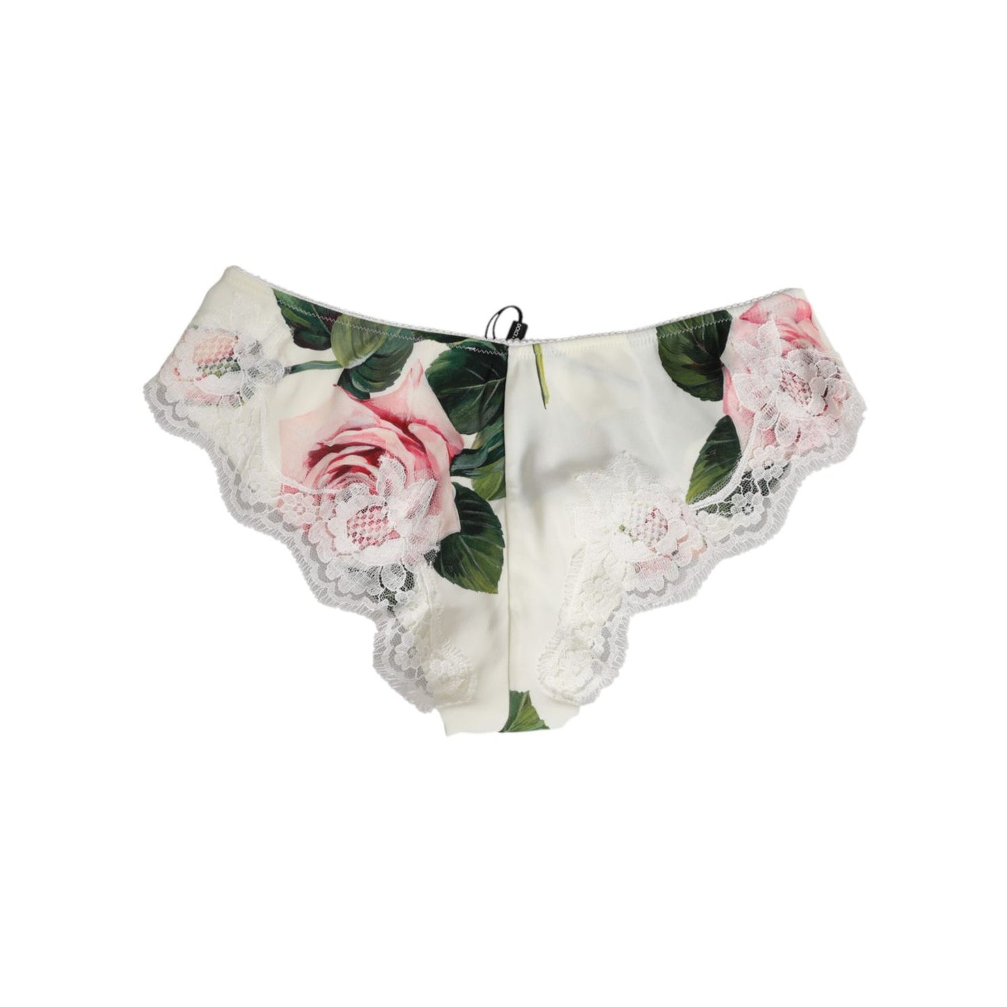 Dolce & Gabbana White Silk Satin Floral Lace Trim Slip Underwear with rose print, elegant design, luxury feel, made in Italy.