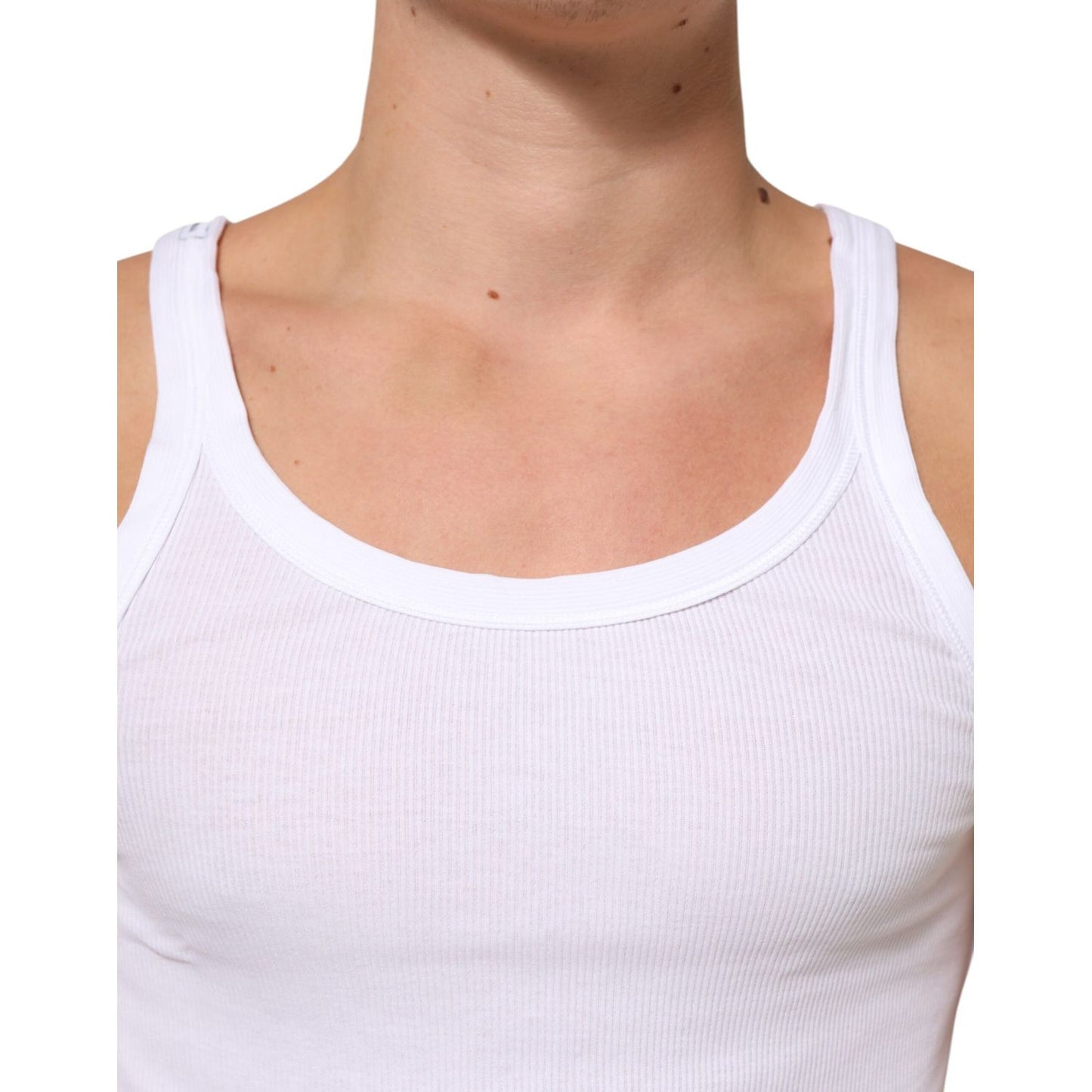 Dolce & Gabbana White Sleeveless Round Neck Tank Top T-shirt on model, soft cotton, regular fit, classic design