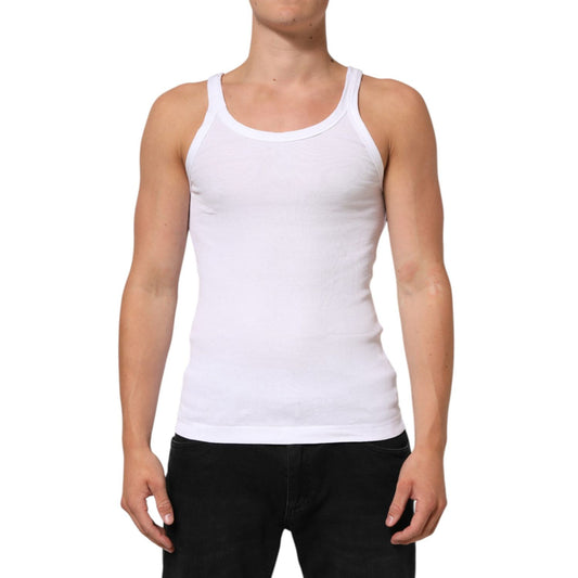 Dolce & Gabbana White Sleeveless Round Neck Tank Top T-shirt on male model, 100% cotton, regular fit, stylish clothing from Italy.