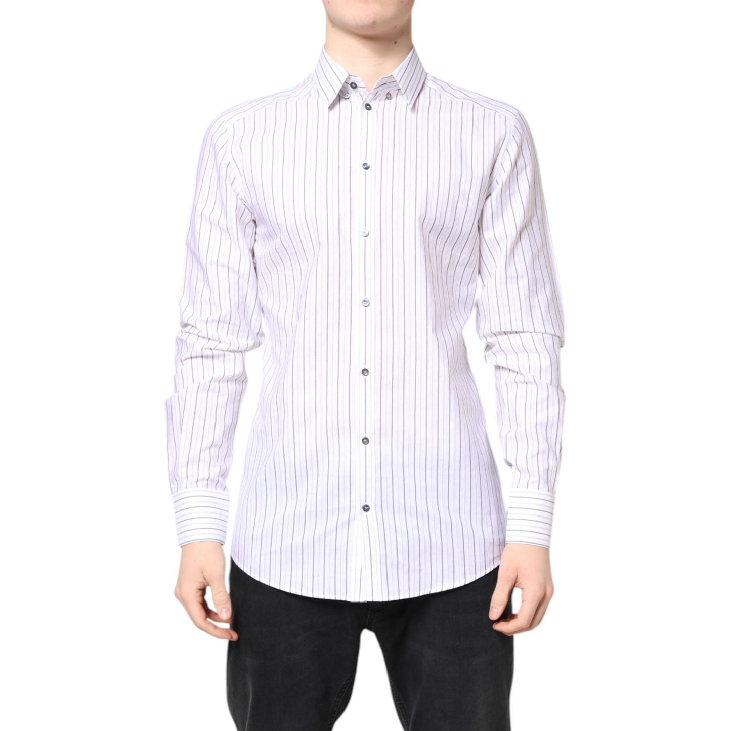Man wearing Dolce & Gabbana White Stripes Cotton GOLD Formal Dress Shirt, slim fit with classic neck, button closure.