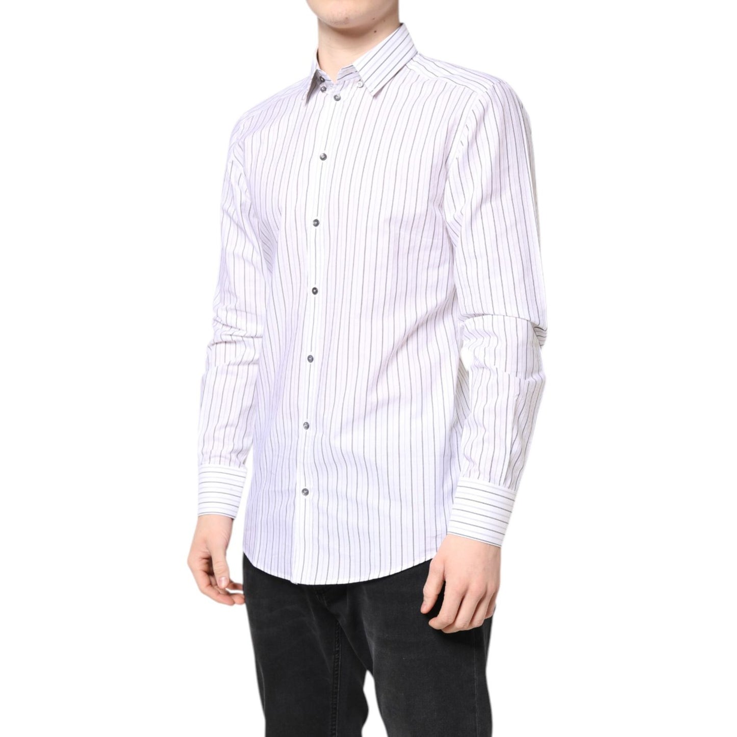 Dolce & Gabbana White Stripes Cotton GOLD Formal Dress Shirt with classic neck and long sleeves, made in Italy, high craftsmanship.