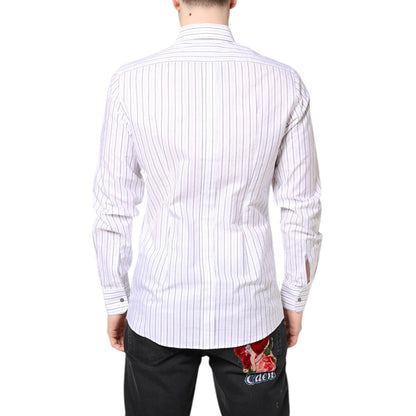 Back view of a Dolce & Gabbana White Stripes Cotton GOLD Formal Dress Shirt with classic neck and button closure.